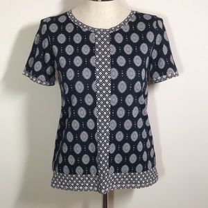 J. Crew Blouse S Navy Blue Block Print Short Sleeves Flowy Top
